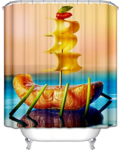 EHOMERY Duschvorhanghalterungen Wand Duschrollo Nach Maß Käse-Fischboot Duschvorhang Aufhängung Wasserabweisende Duschvorhänge Polyester Rostfreie Ösen Und 12 Hakenringe, 90X180Cm