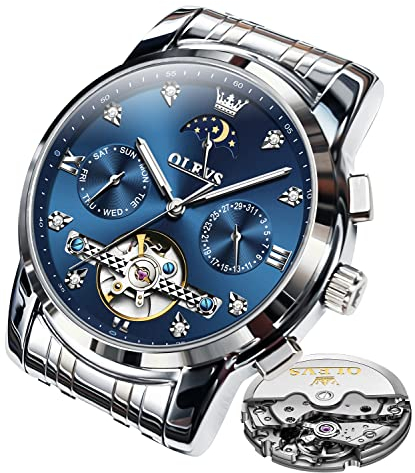 OLEVS Herrenuhren Automatik Mechanische Silber Armbanduhr mit Skelettiertem Tourbillon Kalender Wasserdicht Leuchtende Klassische Luxus Armbanduhren für Herren