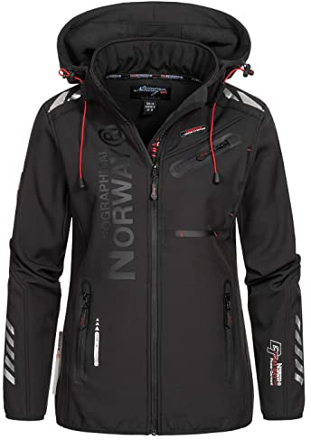 Geographical Norway Reine Lady - Chaqueta Softshell Mujer Impermeable Capucha - Abrigo Polar Cortavientos - Cazadore Aire Libre Deporte Esquí Invierno Primavera (Negro Negro M)