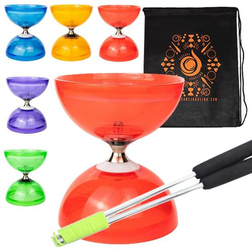 Jumbo Hurricane Pro Triple Bearing Clutch Diabolo Set with Aluminium 'Metal' Sticks, Diabolo String and Cascade Carry Bag (Red with Silver Handsticks)