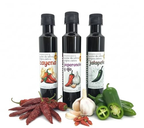 Villaolivo – Pack Amantes del Picante | 3x250ml Aceites de Oliva Virgen Extra Aromatizados con Cayena Jalapeño y Ajo-Chile | Intensos Sabores Gourmet | Ideal para Cocina Picante y Regalo Original