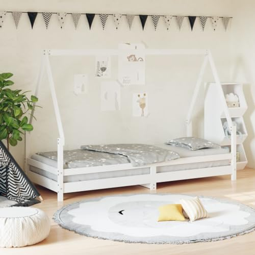 Festnight Hausbett Design 90x200 cm mit Zaun und Lattenrost & Rausfallschutz - Vielseitiges Holz Kinderbett 90x200 cm für Jungen & Mädchen - Kinder Haus Bett aus Kiefer Holz Jugendbett Weiß