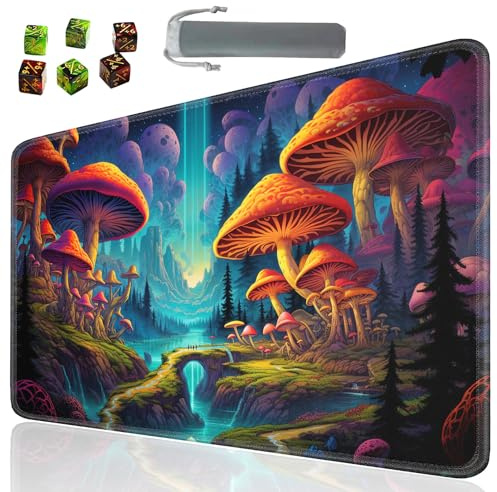SOTWONSO Brettspiel für TCG Playmat Tischmatten Spiele Größe 60 x 35 cm Mauspad kompatibel für MTG RPG CCG Sammelkartenspiel Spielmatten mit 6 Würfeln (Playmat 159) Psychedelische Pilze