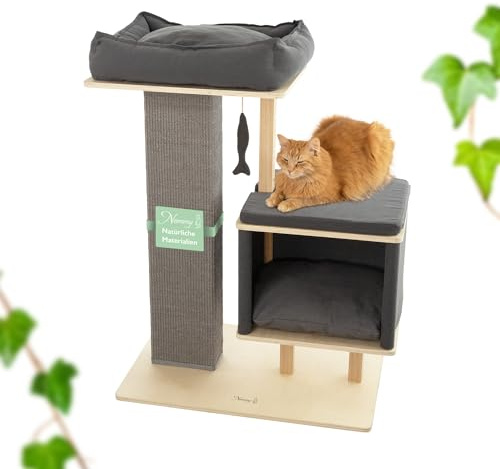 Nemmy Kratzbaum mittel aus Holz mit XL-Katzenbett & Katzenhöhle, Grau | Geruchsneutral & waschbar. Massive Holzkonstruktion & Anti-Rutsch-Füße. 90 cm Natursisal-Kratzmatte. Ersatzteile erhältlich.