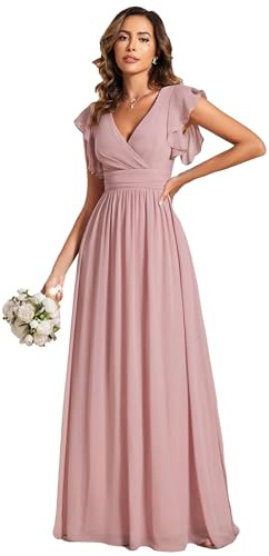 Ever-Pretty Robe de Soirée Dos Nu pour Femme Manches Volantées Mousseline Col V Plissé Robe de Demoiselle d'honneur Longue Élégante ES01818