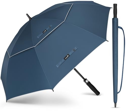ZOMAKE UV Großer Golfschirm Sturmfest,68 inch Sturm Regenschirm Groß Für Herren Damen,UPF 50+UV Schutz Regenschirm für Reisen(Marineblau Silber)