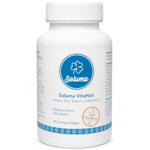 Soluma VitaHair – Vitaminas para el Pelo Hombre con Saw Palmetto 250 mg, Biotina, Zinc y Selenio – Complemento Capilar con L-Cistina, L-Metionina y Hierro – 60 Cápsulas