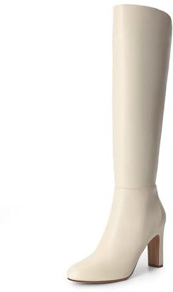 DREAM PAIRS Women's Knee-High Boots, Comfortable Chunky Block Heel Pointed Toe Pull On Side Zipper Suede Slouch Riding Boots,Size 5.5,Beige-Pu,SDKB2425W