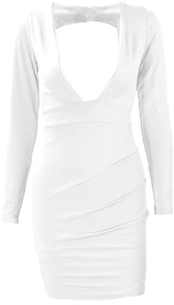 DGCUPODE Damen Bodycon-Kleid mit tiefem V-Ausschnitt Langärmeliges rückenfreies gerüschtes kurzes Kleid Slim Fit Party Club Minikleider (Weiß,XL)