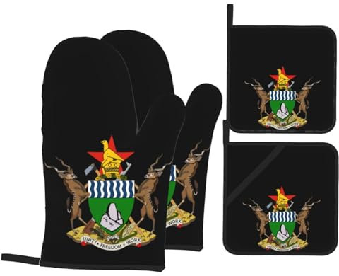 4 Pezzi Presine E Guanti Da Forno Coat Of Arms Of Zimbabwe Guanti Da Forno Antiscivolo Guanti Da Cucina Professional Guanti Per Grigliare Per Cucina, Cuocere, Bbq