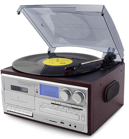 Vintage Bluetooth Record Player with CD Player, AM/FM Radio and Built-in Speakers - 3 Speed Turntable for 7, 10 and 12 Vinyl Records