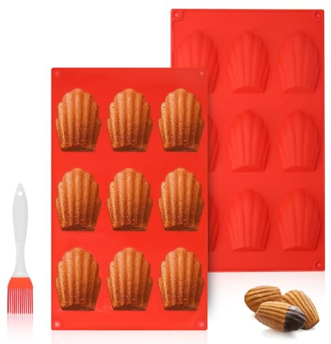 Moule Madeleine Antiadhésif 2 Pièces - 9 Cavités en Silicone Réutilisable avec Brosse - pour Biscuits, Chocolat, Pudding