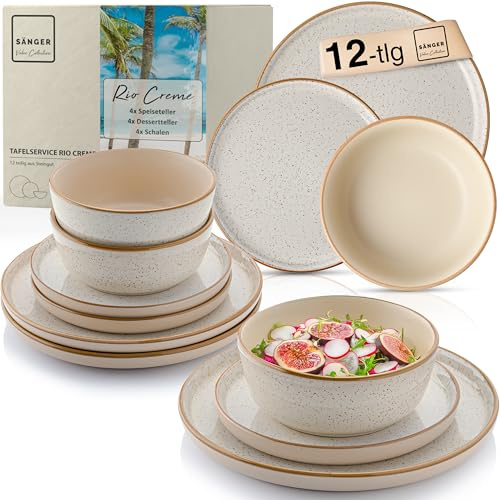 SÄNGER VALUE Collection Service de table 12 pièces en faïence pour 4 personnes, 4 assiettes plates, 4 assiettes à dessert, 4 bols et bols crème