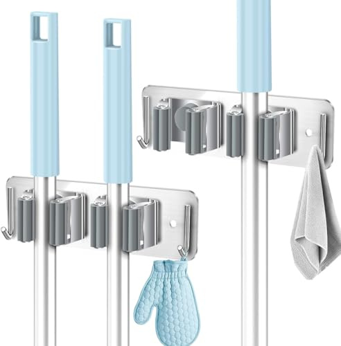 Colgador Escobas y Fregonas Soporte de Pared Acero Inoxidable con Ganchos, 2 Piezas Autoadhesivo o Perforado, Organizador Colgador de Fregonas para Cocina, Baño, Garaje, Jardín