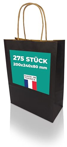 h-Green Papiertüten mit Henkel 200x240x80 mm (275 Stück), tragbare Papiertüten mit 3kg Tragfähigkeit, recycelbare Geschenktüten aus FSC® zertifiziertem Recycling-Kraftpapier, 90g/m², schwarz