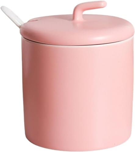 Azucarero de porcelana con cuchara, contenedor de azúcar a prueba de humedad y polvo, tarros de especias de color sólido, tapa práctica, color rosa, 250 ml