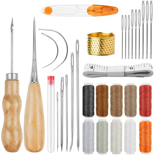 Sheryl&Rain 31 Pcs Kit Costura, Herramientas Cuero, Kit de Costura de Cuero Profesional, Agujas Coser Cuero y 10 Colores de Hilo de Reparación para Cuero DIY, Reparación de Bolsos y Zapatos
