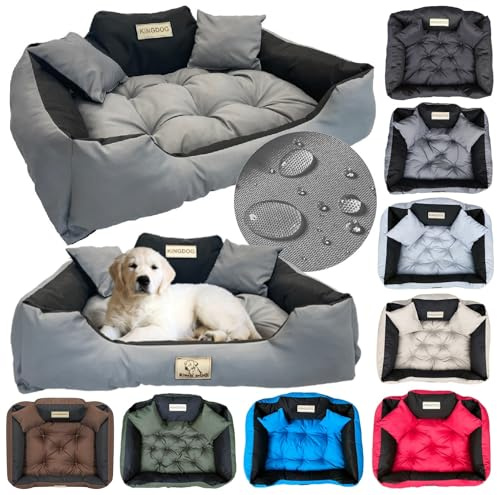 KING DOG Lit pour Très Grands Chiens XXL 130 x 105 cm Personnalisable avec Nom Coussin Imperméable Déhoussable Lavable Canapé Confortable Moelleux Douillet Antidérapant Fabriqué UE Couleur Gris Foncé