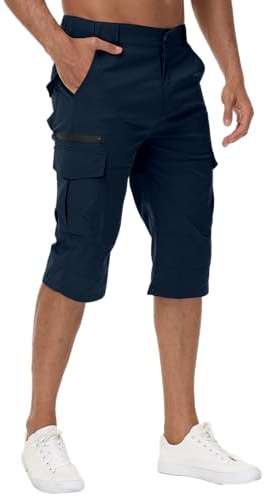 LVCBL Cykelshorts för män, 3/4, snabbtorkande sportshorts, vandringsbyxor, stretch, bermudashorts, korta shorts, M-3XL, Marinblå, L