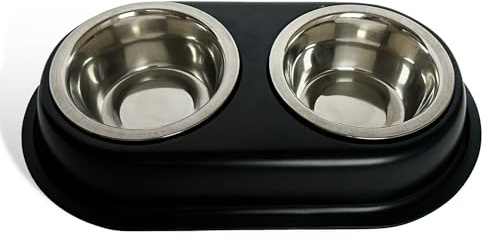 Doppelnapf für Haustiere, 2x400ml Edelstahlnäpfe, Futternapf, rutschfeste Basis, Schwarz (Schwarz)