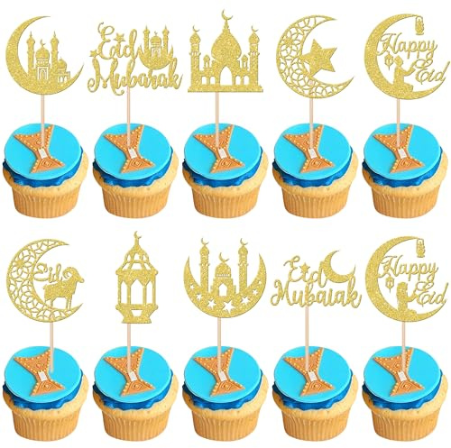 Rsstarxi 30 Pack Eid Mubarak Cupcake Toppers Gold Glitter Moon Star Ramadan Kareem Cupcake Picks for Eid Islamic Muslim Theme Party Cake Decorations Supplies