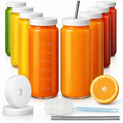 OAMCEG Glasflaschen Set mit Deckel und Strohhalm Loch - 8er Set Trinkglas mit Deckel und Strohhalm 480ml, Gläser mit Deckel, Smoothie Flasche To Go für Saft, Eiskaffee, Matcha, Spülmaschinenfest