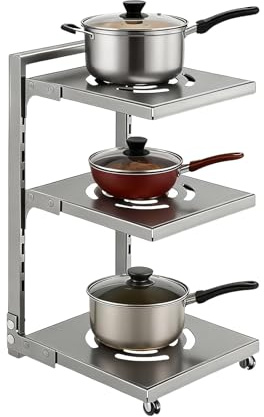 ZoeQide Organizador Ollas 3 Niveles Metal, Soporte Sartenes Ajustable Plata | Organizador ollas y sartenes de 22,5 x 26 x 40 cm para tapas o bandejas, útil en armario o encimera sin apilar utensilios