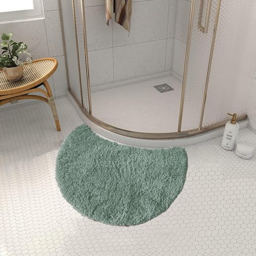 FUYILIFE Quadrant Curved Bath Mat, Semi Circular Shower Mat,Microfibre Corner Shower Mats Non Slip, Fluffy Washable Curved Bath Mat Rug (Green)