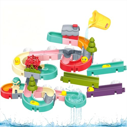 Badewannenspielzeug Kinder, 62 STK Kugelbahn Badespielzeug ab 3 4 5 6 Jahre, DIY Murmelbahn Badewannen Spielzeug mit Saugnäpfe, Wasserspielzeug Badespaß Geschenk für Mädchen Junge ab 3