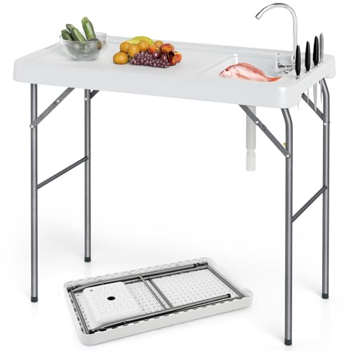 GOPLUS Mesa Plegable de Limpieza de Peces, Estación de Filete de Pescado Portátil con Estante de Eejilla, Ranuras para Cuchillo, Grifo y Regla, Cubo de Basura para Picnic (108 x 58 x 93 cm)
