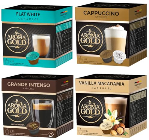 AROMA GOLD Variety Pack Flavoured Coffee Pods 64 Capsules – Coffeee Capsules Dolce Gusto Compatible Flavoured Coffee Pods for Dolce Gusto Machines Barista-Approved, Mild & Harmonious