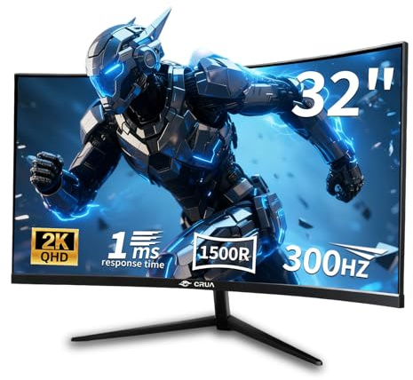 CRUA 32-inch Curved Gaming Monitor, QHD 2560x1440, 300Hz/240Hz, 1ms, 1500R VA Panel, HDR, AMD FreeSync Premium, NVIDIA G-SYNC Compatible – PC & Console Gaming Display