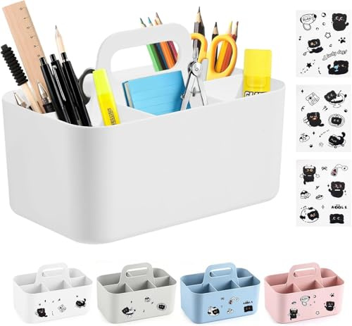 Chesomn Cesta Organizadora con Asa, Cesta de Almacenaje Plástico | Apilable Organizador Escritorio con 5 Compartimentos para Maquillaje, Escritorio, Baño (Blanco, 25×15.4×17cm)