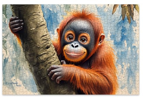 Puzzles for Adults 1000 Pieces Cute Baby Orangutan Watercolor Style Holding Tree Trunk Wooden Jigsaw Puzzles Challenging Clearance Puzzle Fun Family Game Kids Toy Gift Home Decor
