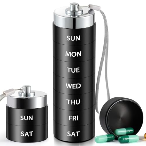 OUVBTX Tablettenbox 7 Tage aus Aluminium - XL Große Kapazität Pillendose 7 Tage, Wasserdicht & Staubdicht Medikamentendosierer Metall, Wochendosierer für Vitamine & Fischöl, Schwarz