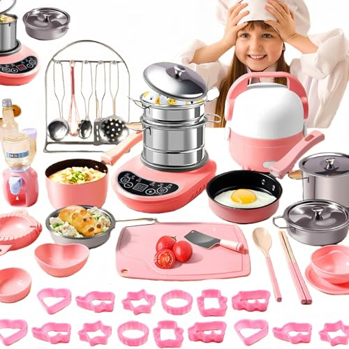Kids Cooking Set Real Kitchen Toys,70PCS Food-Grade Stainless Steel Mini Cookware with Stove,Safe Real Cooking Set,Montessori Educational Cooking Toys for Boys & Girls (Pink)