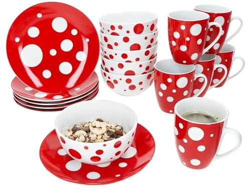 MamboCat Pula Set de petit-déjeuner 18 pièces, rouge, 6 assiettes à dessert, bols à céréales de 400 ml et 6 tasses à café de 300 ml, en porcelaine, pour 6 personnes, décor à pois rouges
