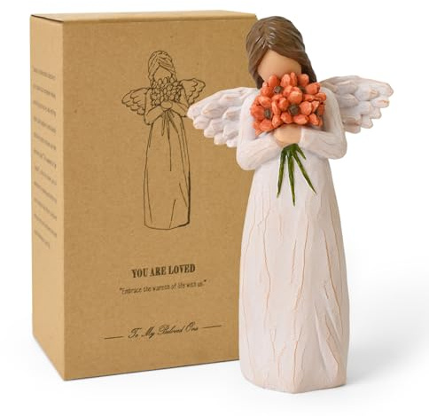 Figuras de ángel de la guarda con flores rojas y naranjas, estatua pintada a mano