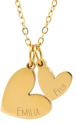 Personalisierte Herzkette mit Gravur aus Edelstahl, Kette mit 2 Herzen | Anhänger Halskette Damen Silber/Gold, Individuelle Namensgravur, Schmuck Geschenk für Frauen Freundin Jahrestag Geburtstag