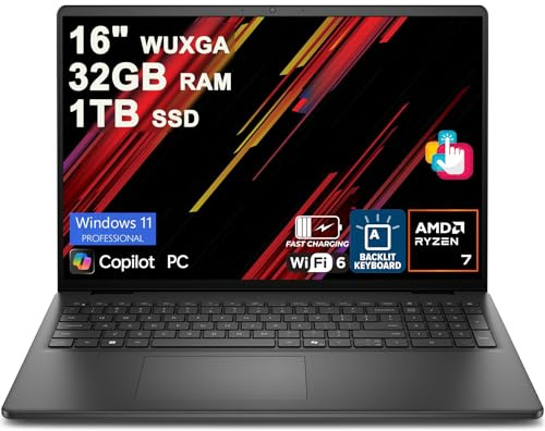 Dell 16 Laptop 16 WUXGA Touchscreen AMD 8-core Ryzen 7 250 32GB RAM 1TB SSD Backlit ExpressCharge WiFi6 for Creator Designer Business Professional Win11Pro