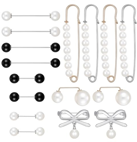 Cobee 16 Pcs Pearl Brooch Pins Set, Decorative Safety Pins Modesty Pins for Low Cut Tops Clothing Sweater Shawl Hat Clips Cardigan Collar Clips for Women Sweater Scarf Hat Dress Accessories