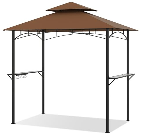 FANTASK Grillpavillon, 240 x 151 x 255 cm, Grill Pavillon Doppeldach mit 7 Haken & Seitenregalen, Grillunterstand wetterfest mit Metallrahmen, Pavillon für BBQ Garten Außenbereich (Braun)