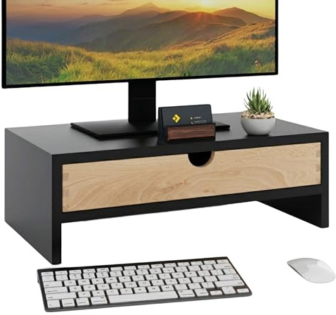 ComfortCove Supporto Monitor Scrivania con Cassetto, Nero | Rialzo Monitor, Ergonomico in Legno con Organizzatore da Scrivania, Supporto per Laptop o PC, Organizer Scrivania