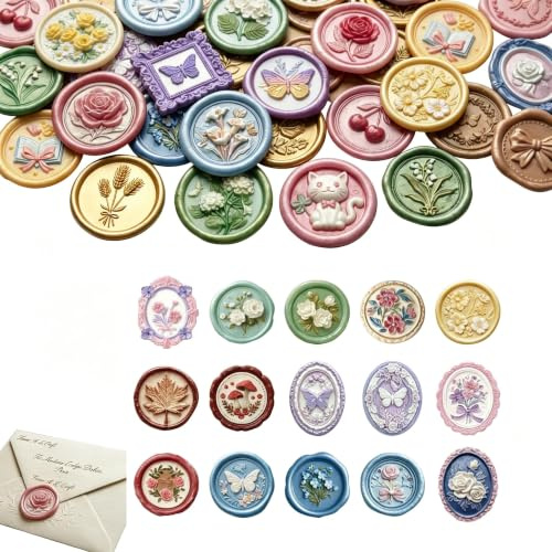 DiiWmme 50 Stück Wachssiegel Selbstklebend 2D Retro Prägestempel Sticker | Transparent PET Blumendesigns Danke Siegel Aufkleber Wachssiegel Aufkleber für Hochzeit Briefumschläge Verpackung