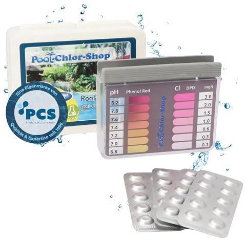 Duraol Mini-Pooltester zum pH & Chlor Wert messen I Testkit Pool mit Messgerät, je 20 Testtabletten DPD & Phenol Red I Chlor- & pH-Wert Messgerät