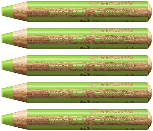 STABILO woody 3 in 1 - Matita colorata Multi-Funzione - Confezione da 5 - Verde Foglia