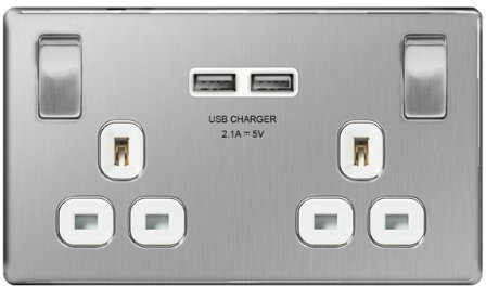 Masterplug 13 A 2 Gang Screwless Flat Plate Brushed Steel Switched Socket with 2 x USB - White Insert