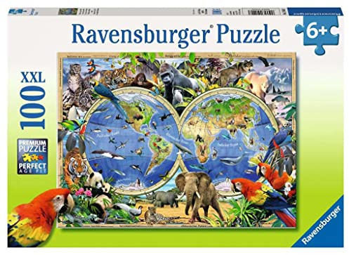 Ravensburger barnpussel - 10540 Djur runt om i världen - pussel världskarta för barn från 6 år och uppåt, med 100 bitar i XXL-format