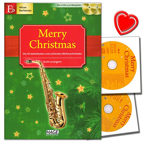 Merry Christmas, Ausgabe für Es-Instrumente (Altsax, Es-Klarinette, Baritonsax) - 45 Weihnachtslieder plus 2 CDs zum Mitspielen und bunter herzförmiger Notenklammer !