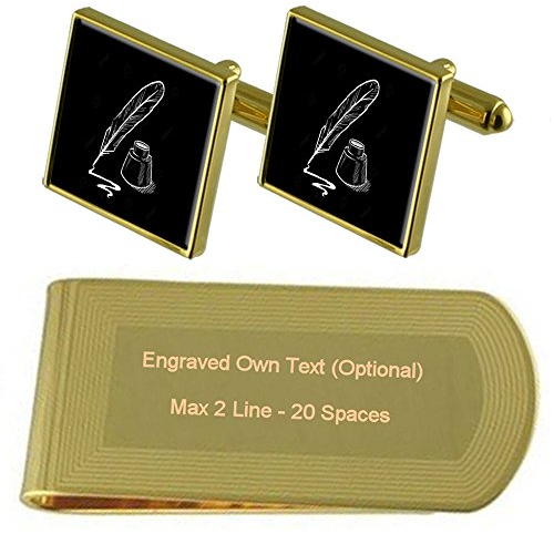 Select Gifts Thema Feder Tinte Gold-Manschettenknöpfe Geldscheinklammer Gravur Geschenkset